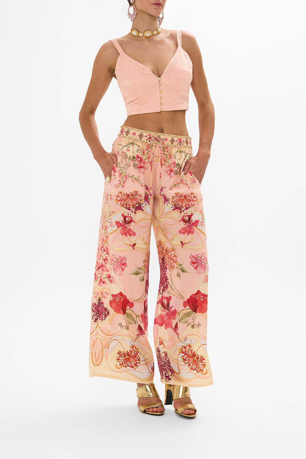 CAMILLA pink blush quilted bralette in Blossoms And Brushstrokes print.