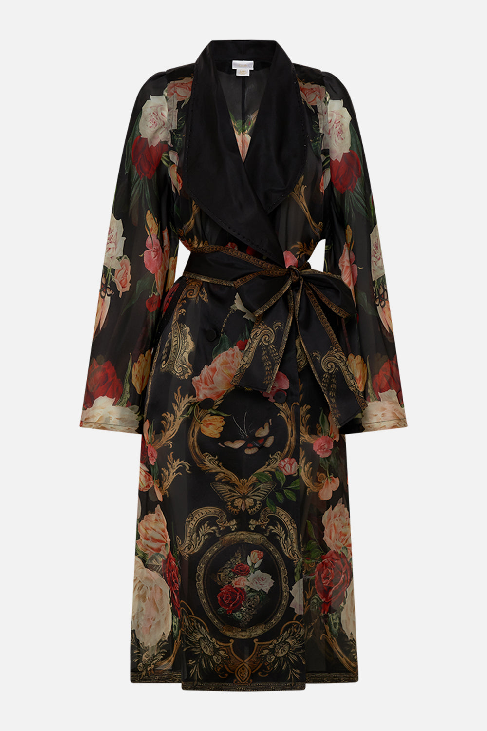 CAMILLA Black Coat with Vest Detail in Magic in the Manuscripts print