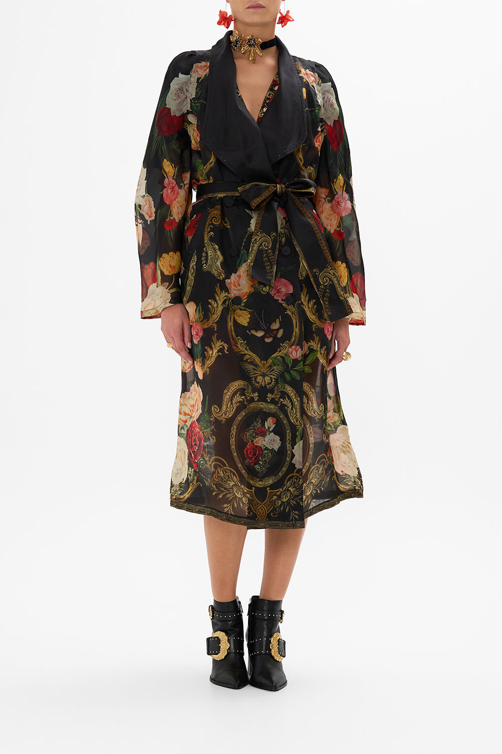 CAMILLA Black Coat with Vest Detail in Magic in the Manuscripts print
