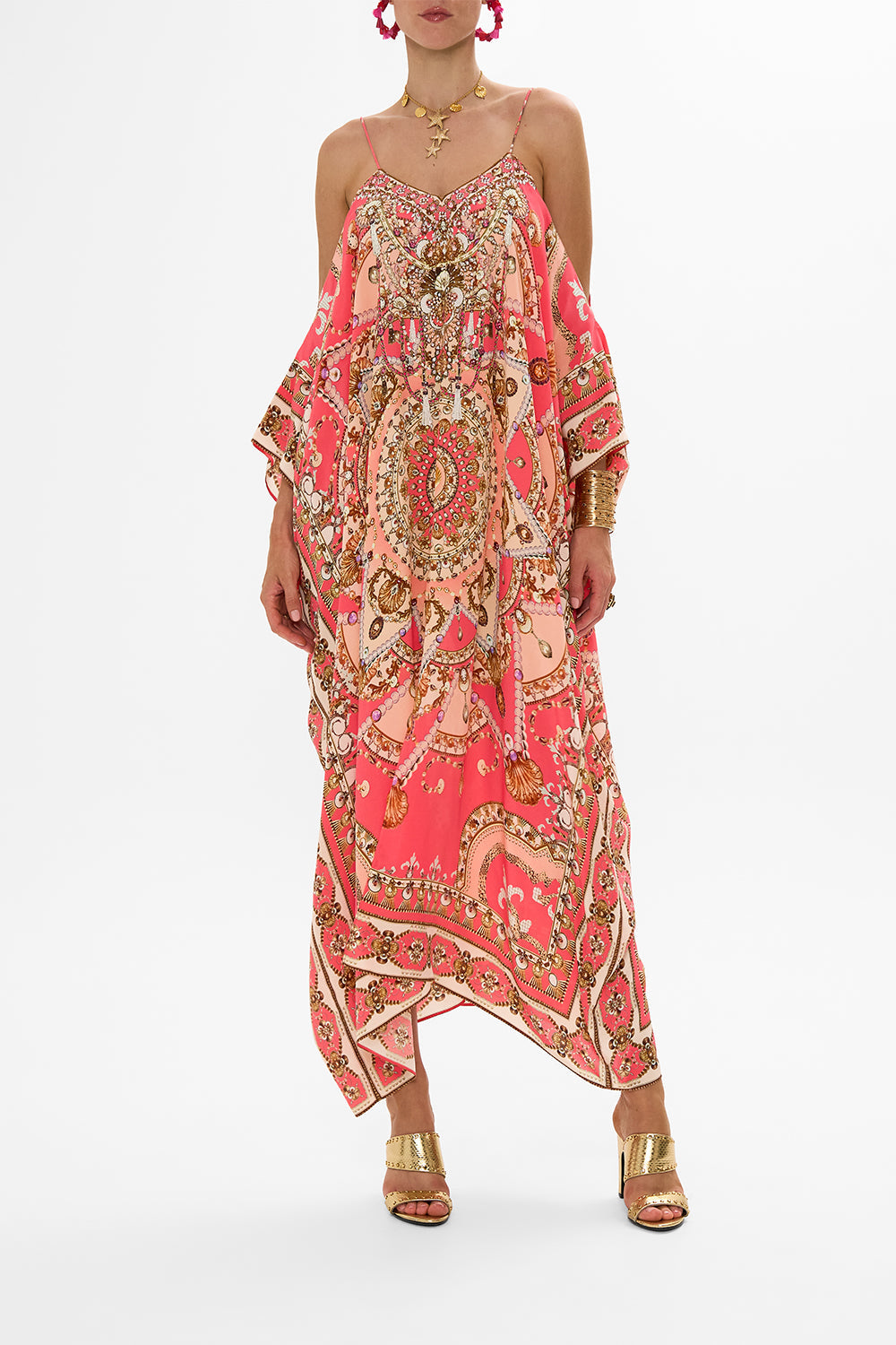 CAMILLA Pink Shoestring Strap Kaftan in Shell Games