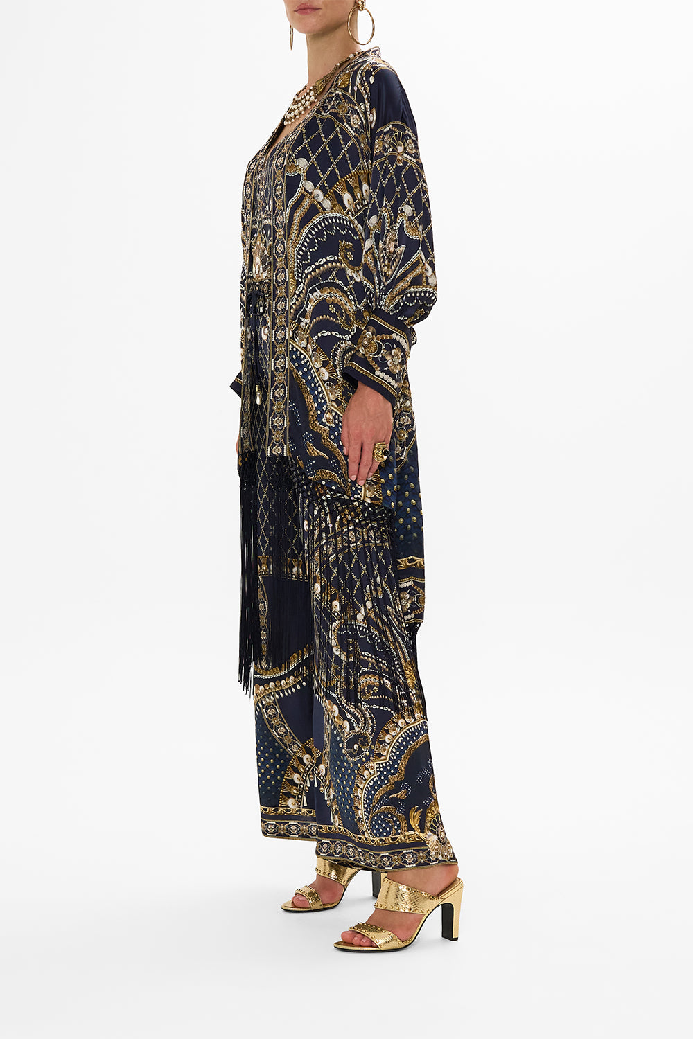 CAMILLA Gold High Low Hem Layer with Macrame Fringing in Dance with the Duke print