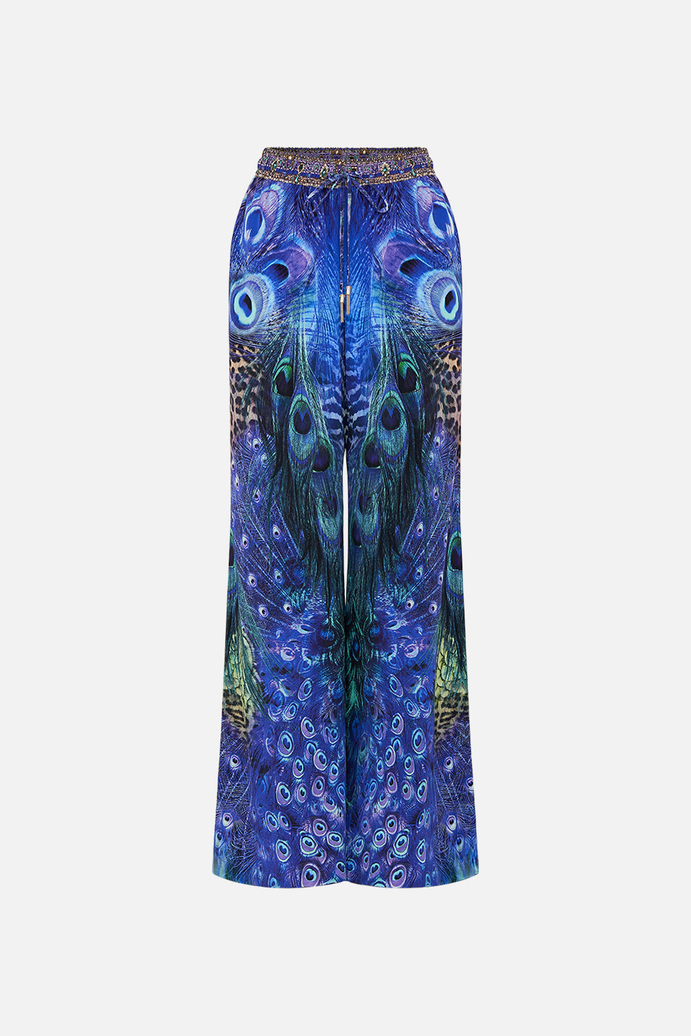 Product view of CAMILLA silk pants in Peacock Rock print