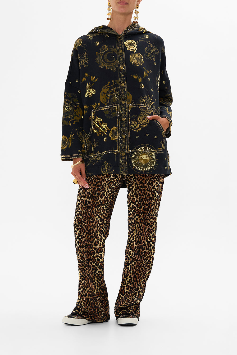 CAMILLA black hoodie jacket with pockets in So Says The Oracle print.