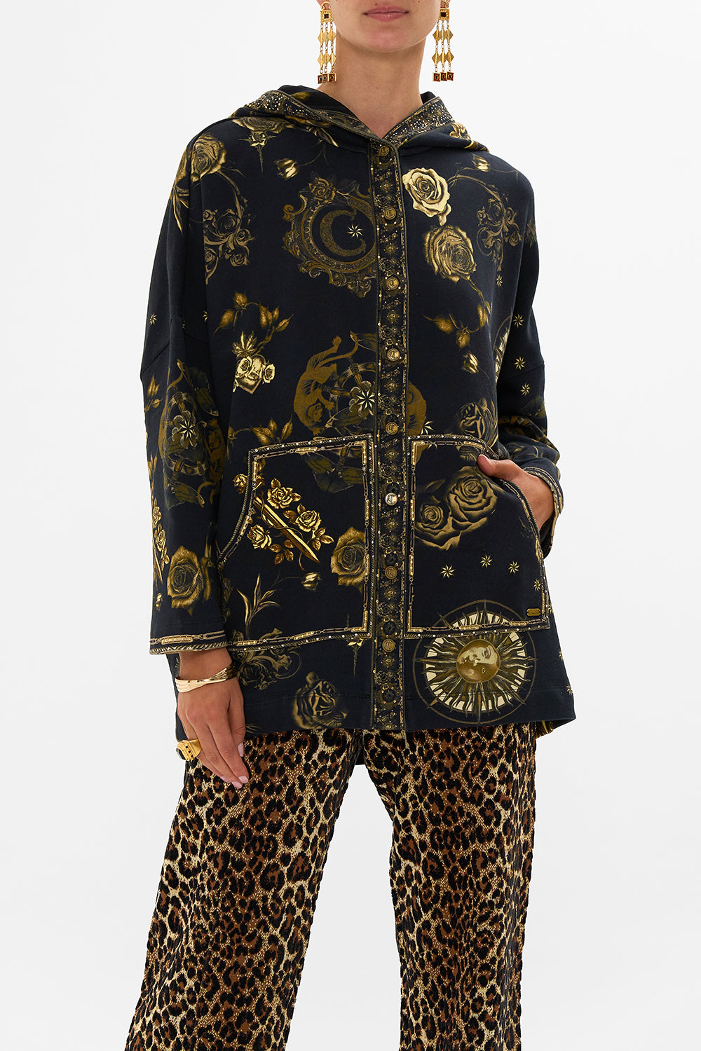 CAMILLA black hoodie jacket with pockets in So Says The Oracle print.