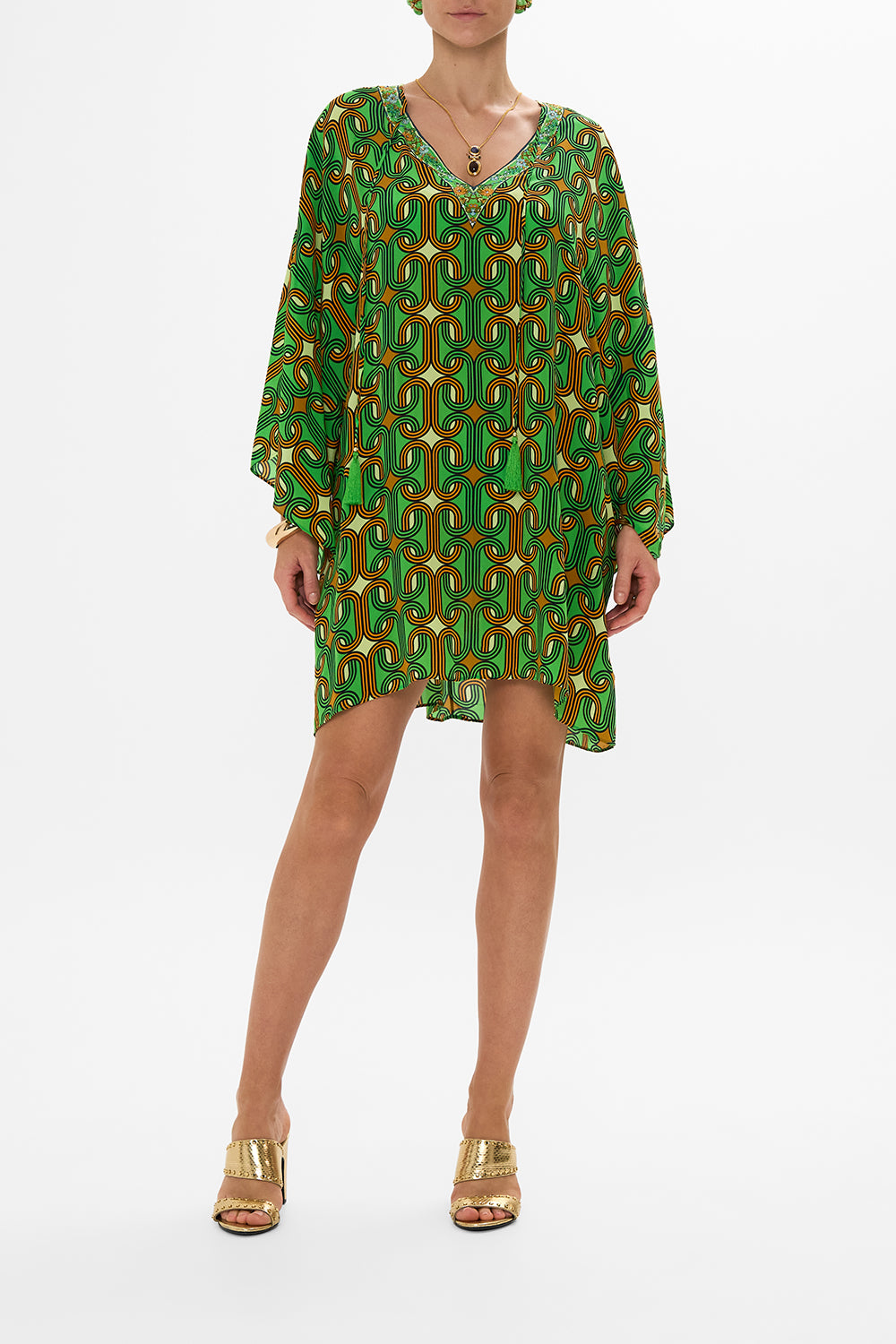 CAMILLA Green V-Neck Short Kaftan with Ties in Good Vibes Generation