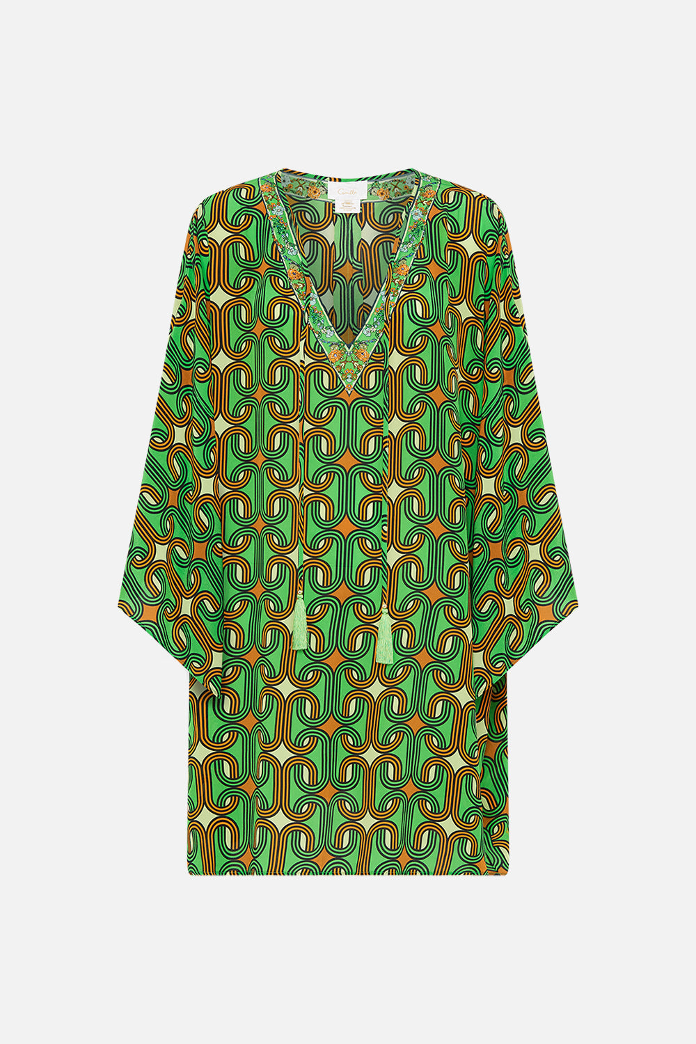 CAMILLA Green V-Neck Short Kaftan with Ties in Good Vibes Generation