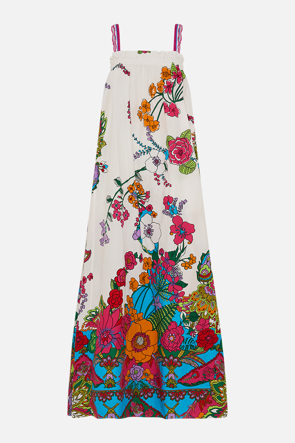 CAMILLA retro floral wide strap sun dress in Cosmic Prairie print 