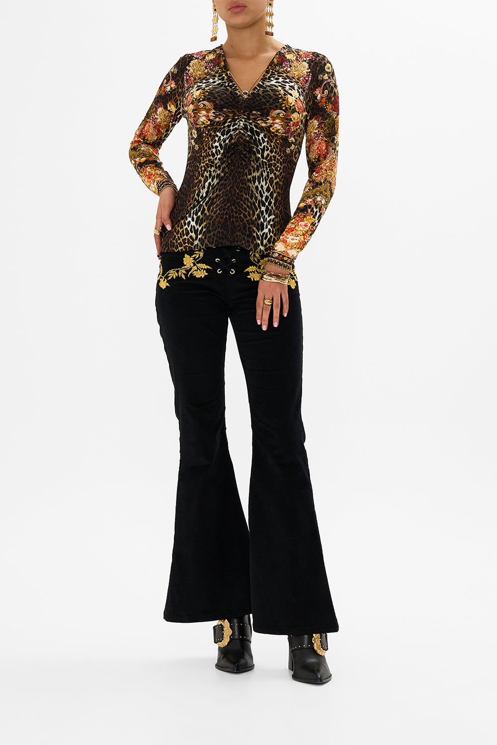 CAMILLA leopard ruched long sleeve dress in Born in Bruges print. 
