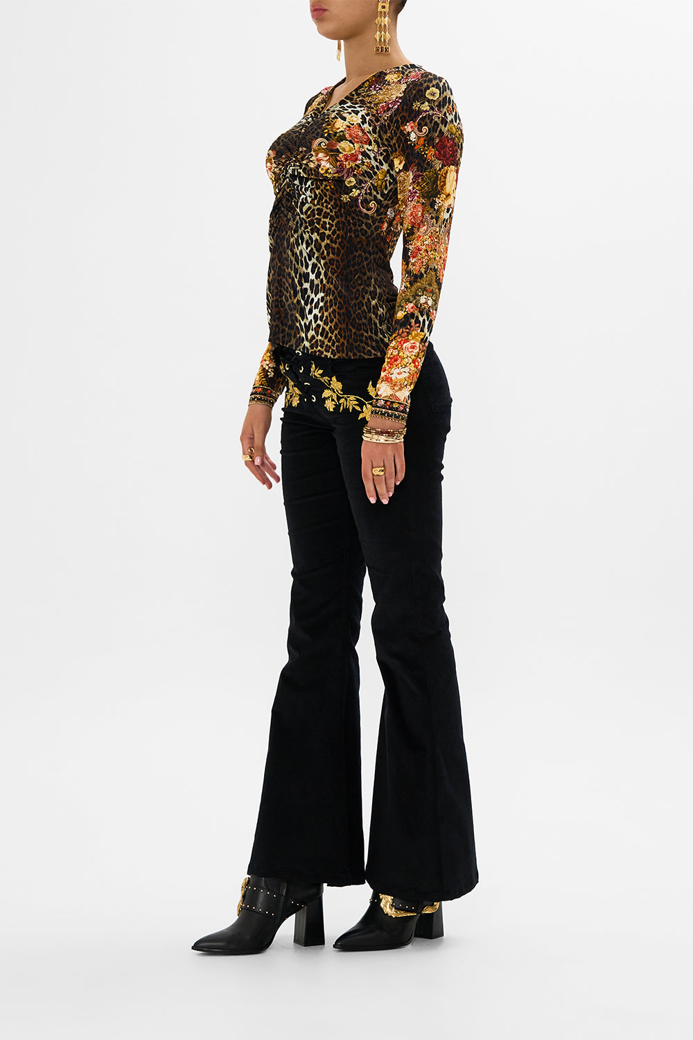 CAMILLA leopard ruched long sleeve dress in Born in Bruges print. 