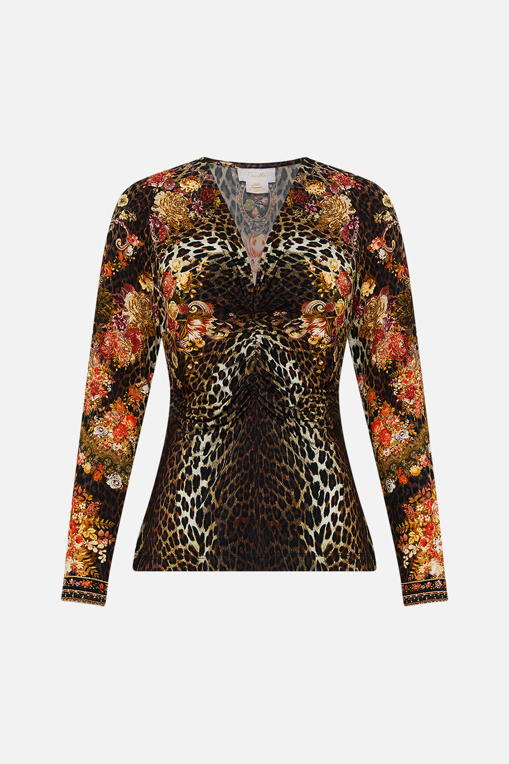 CAMILLA leopard ruched long sleeve dress in Born in Bruges print. 