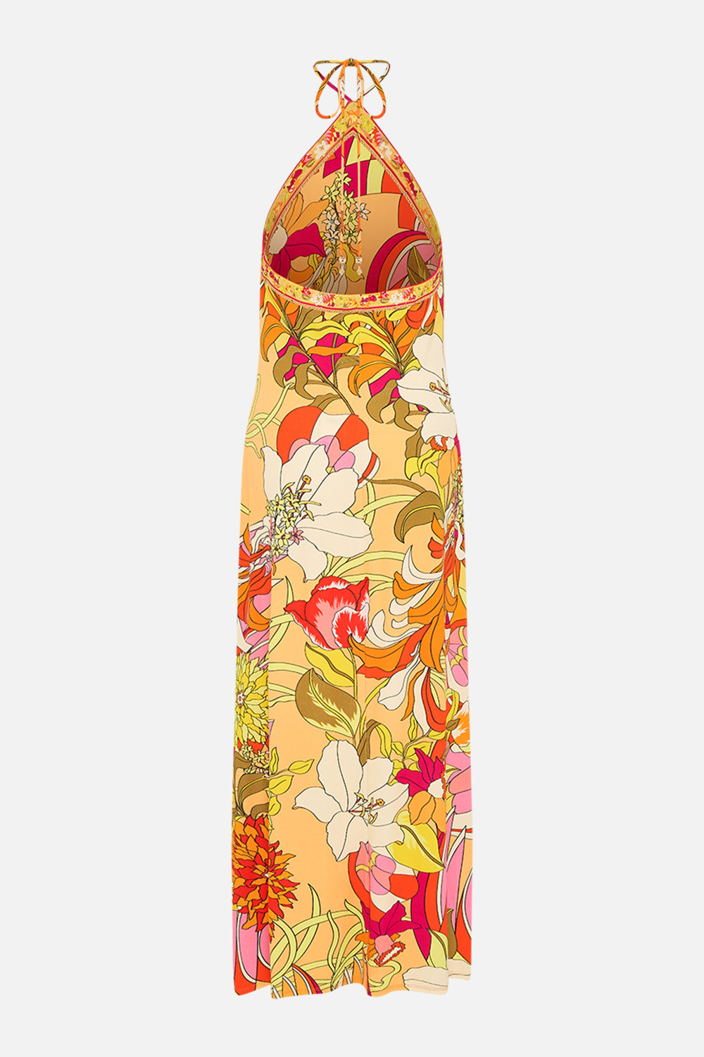 CAMILLA floral long jersey halter dress in The Flower Child Society print.