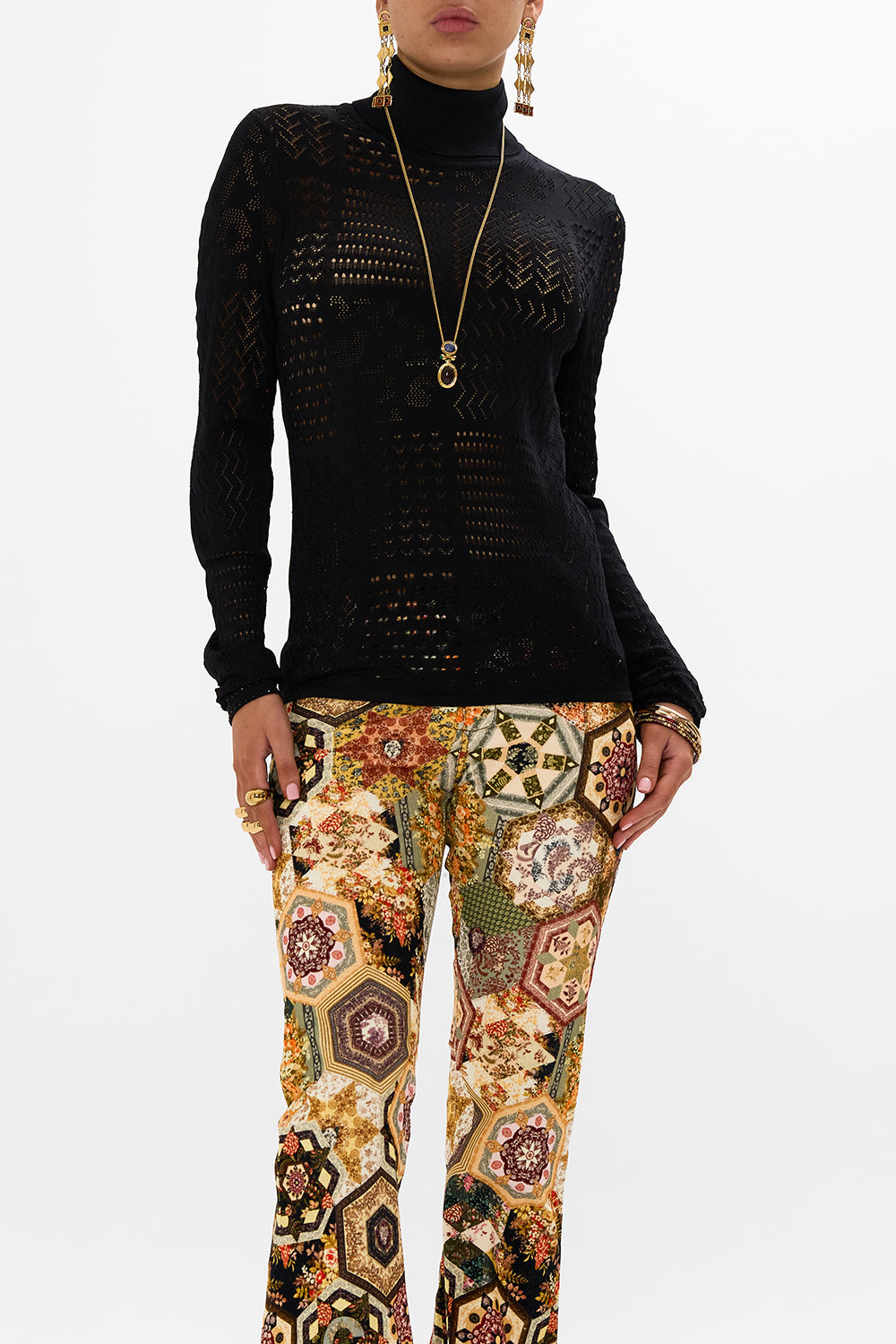 CAMILLA floral pointelle turtle neck knit in Stitched In Time print.