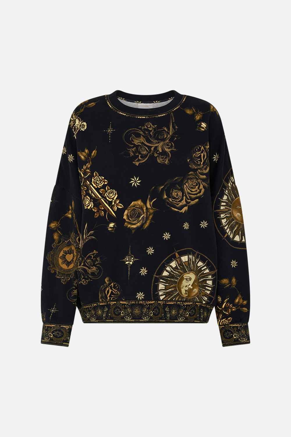 CAMILLA black dropped shoulder sweat shirt in So Says The Oracle print.