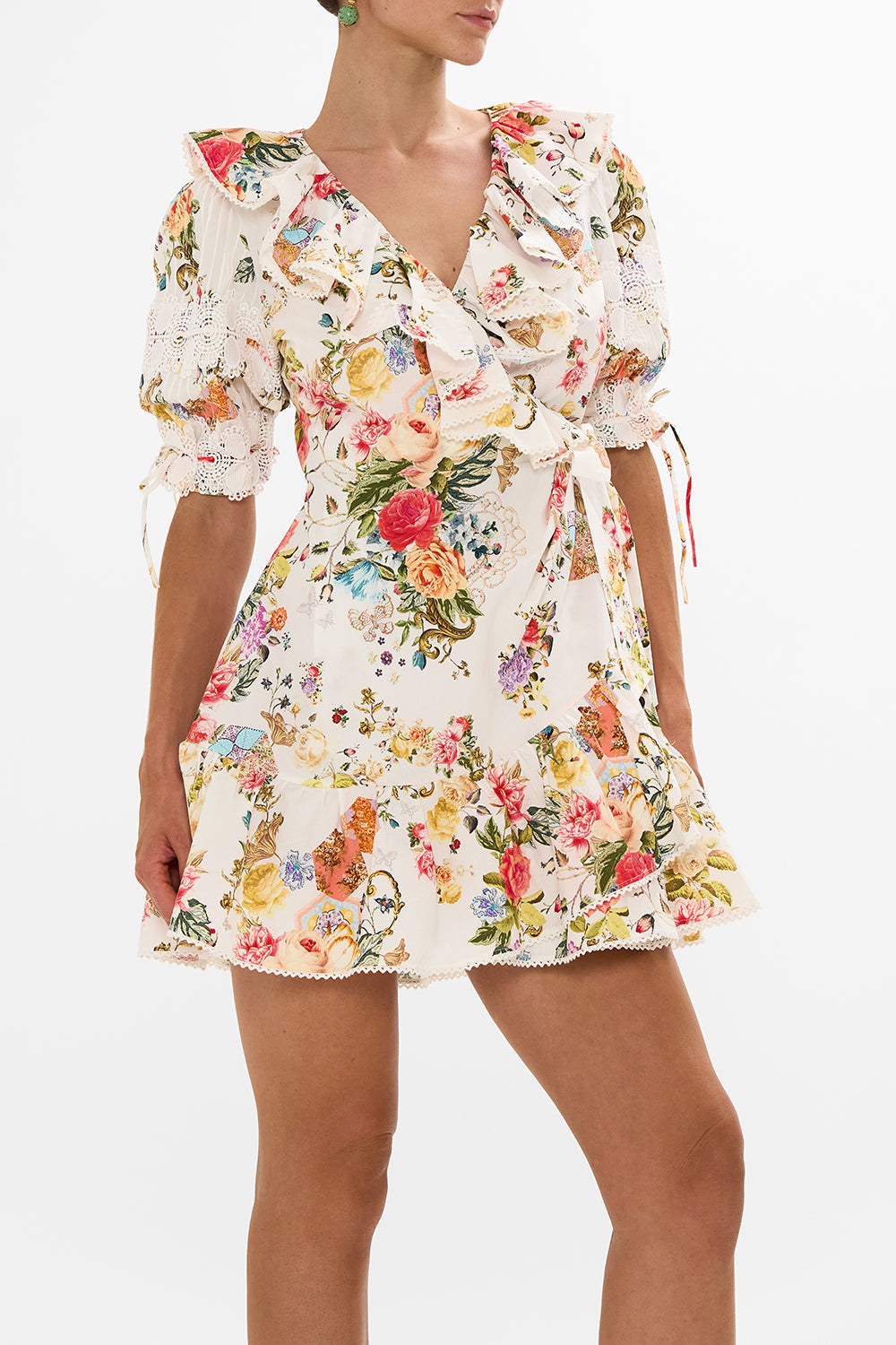 CAMILLA Floral Puff Sleeve Mini Wrap Dress in Sew Yesterday print