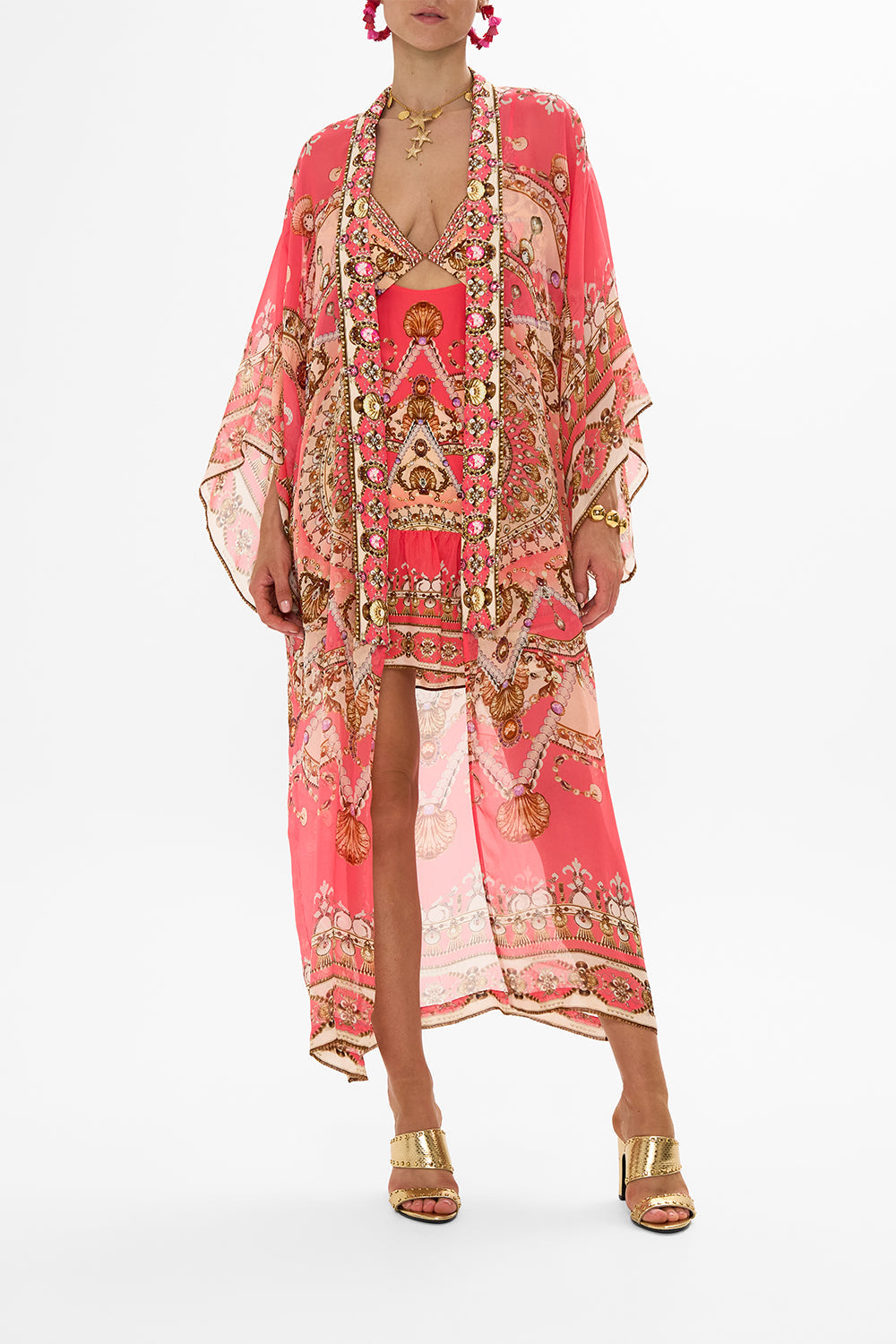 CAMILLA Pink Kimono Layer with Collar in Shell Games