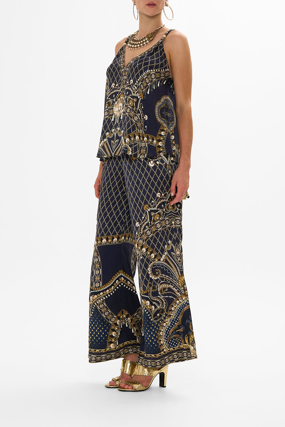 CAMILLA Gold Tank Top with Strap Bead Detail in Dance with the Duke print