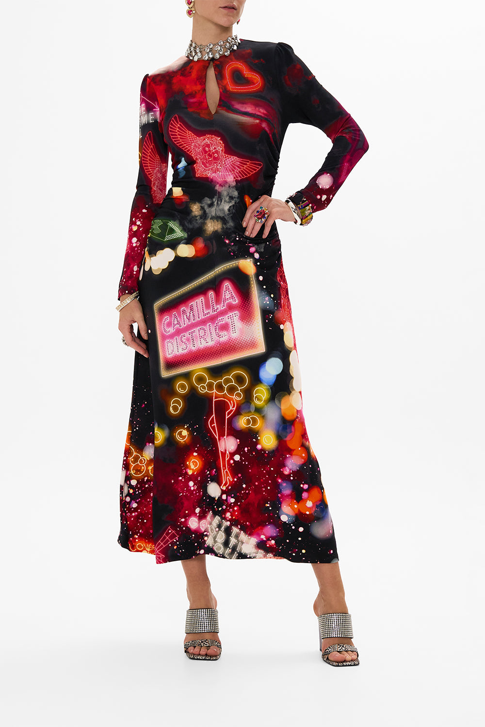CAMILLA black jersey long dress in Electric Loveland print. 