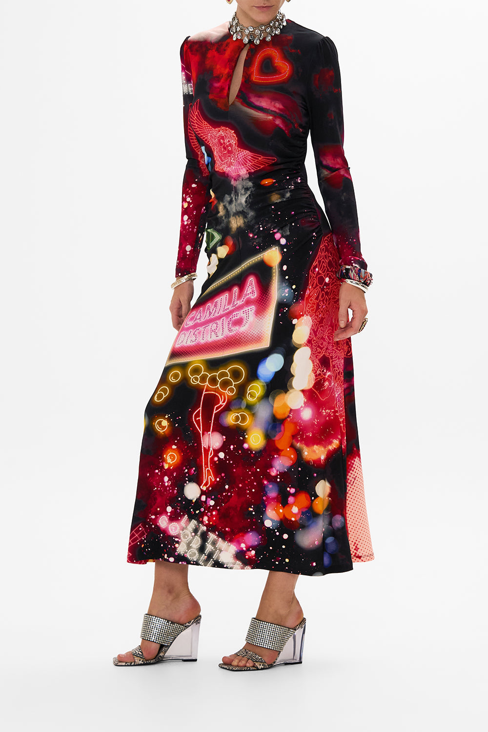 CAMILLA black jersey long dress in Electric Loveland print. 