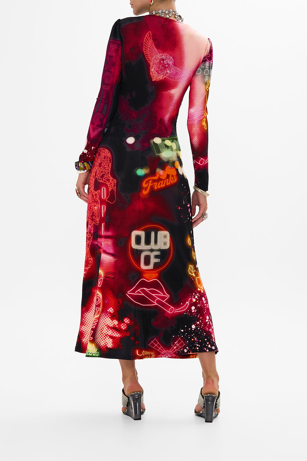 CAMILLA black jersey long dress in Electric Loveland print. 