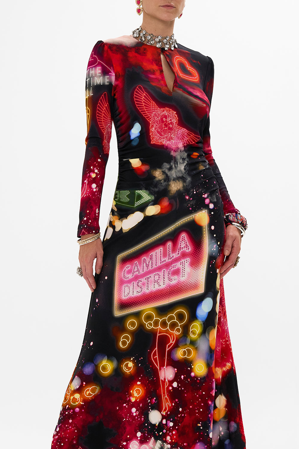 CAMILLA black jersey long dress in Electric Loveland print. 