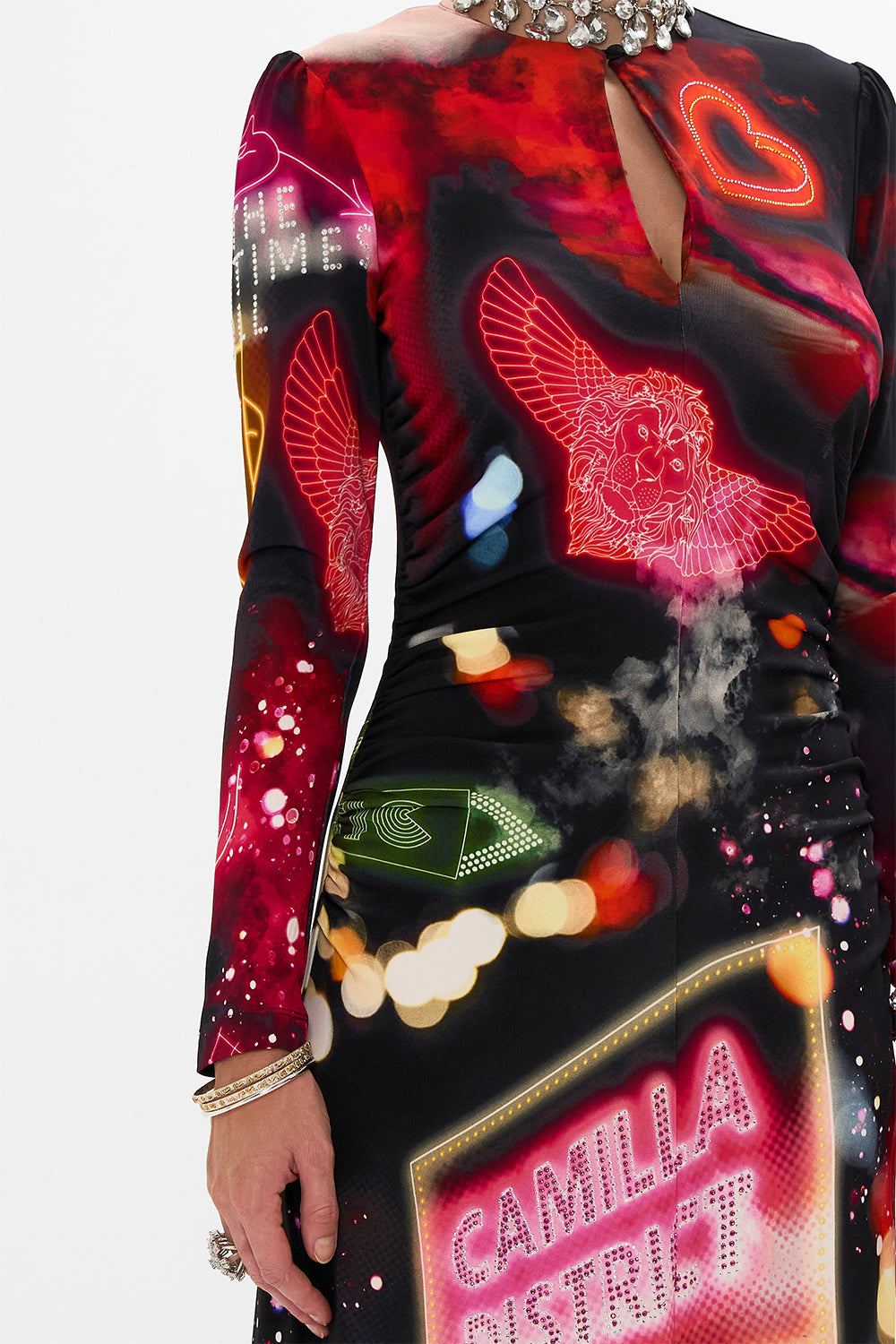 CAMILLA black jersey long dress in Electric Loveland print. 