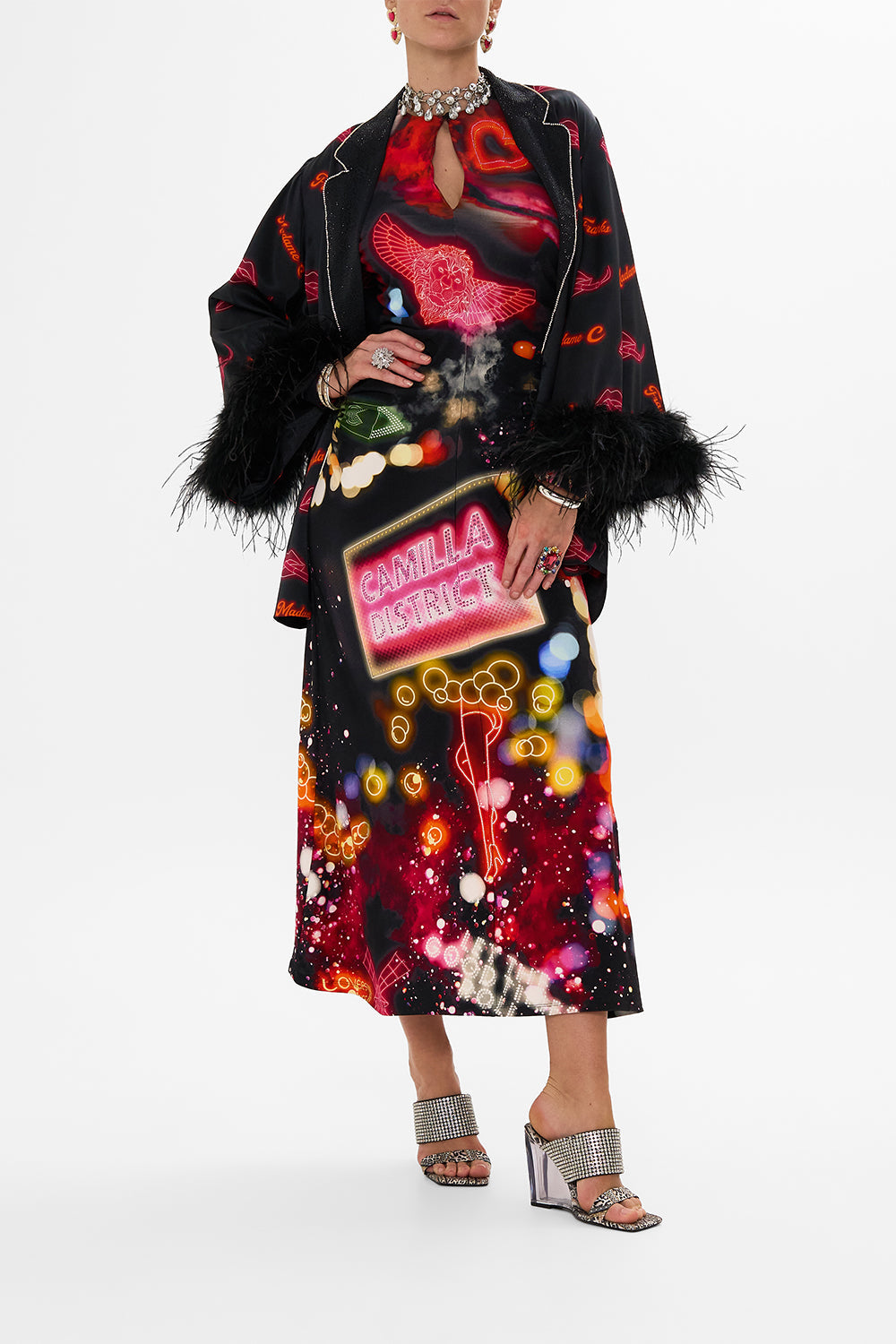 CAMILLA black jersey long dress in Electric Loveland print. 