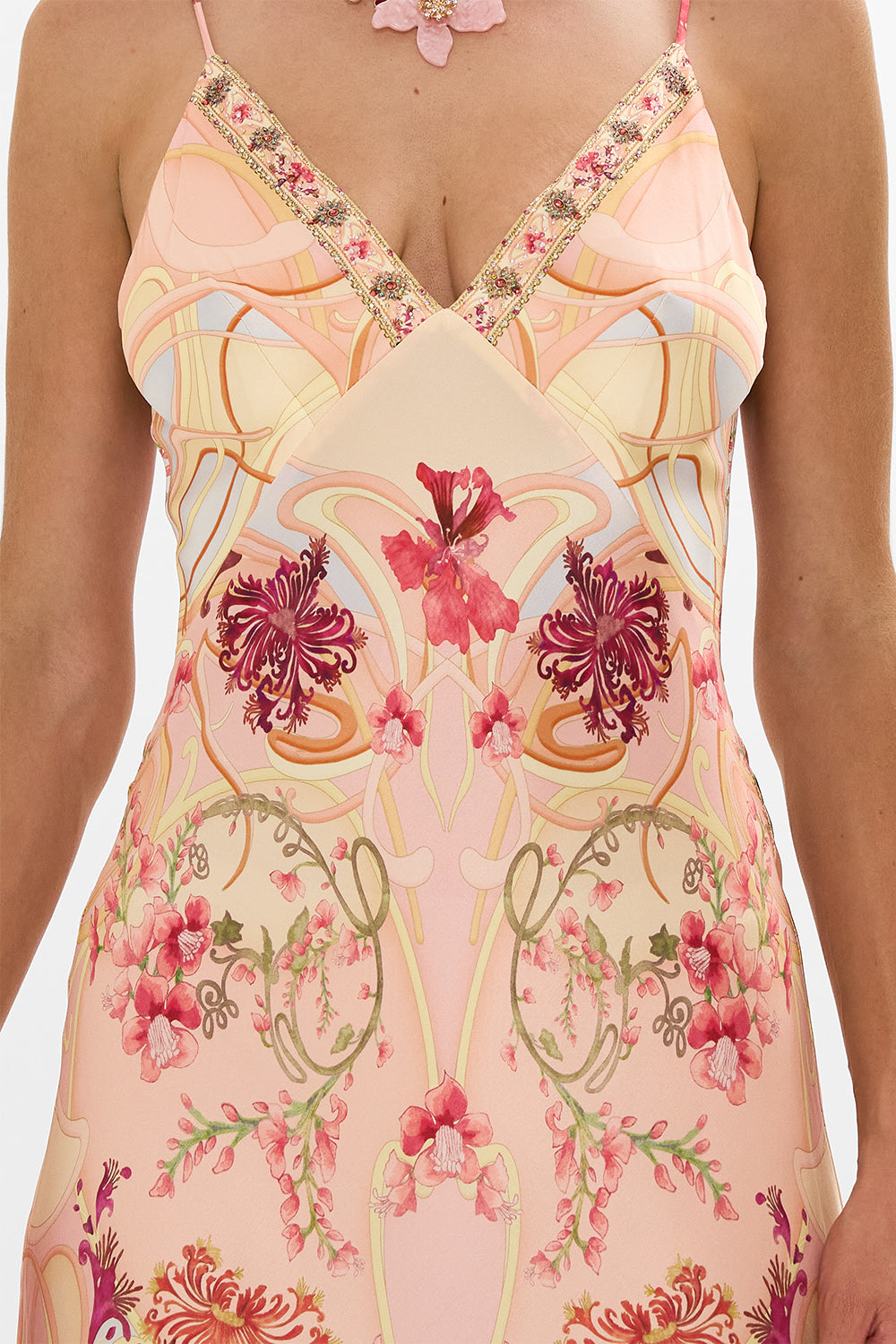 CAMILLA Floral V-Neck Full Length Bias Slip Dress in Blossoms and Brushstrokes