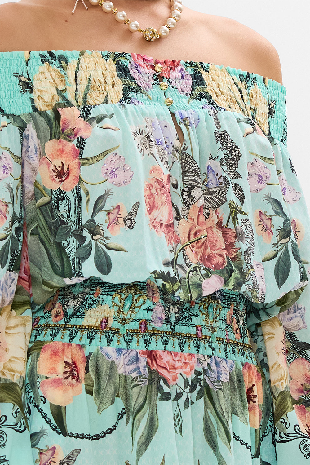 CAMILLA Floral Off Shoulder Short Dress in Petal Promise Land