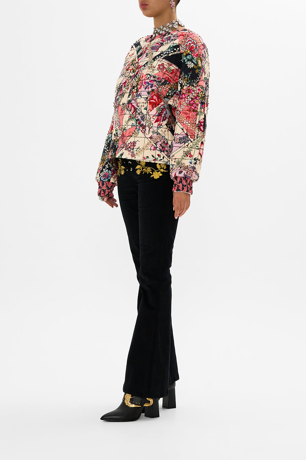 CAMILLA multicolor silk band dropped shoulder sweatshirt in Patchwork Poetry print.