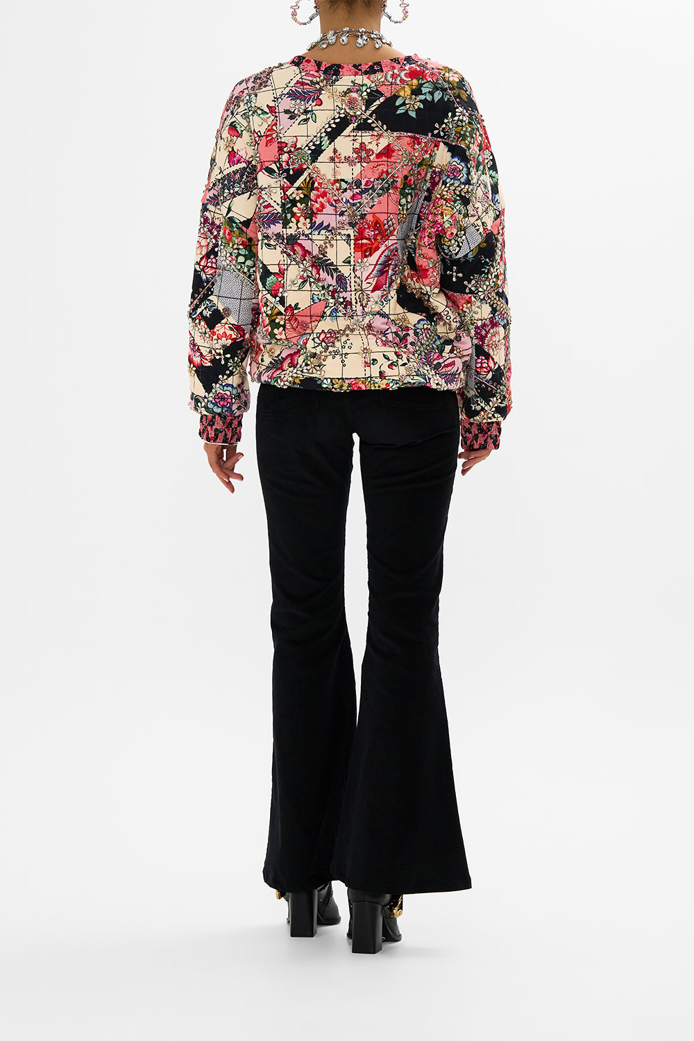 CAMILLA multicolor silk band dropped shoulder sweatshirt in Patchwork Poetry print.