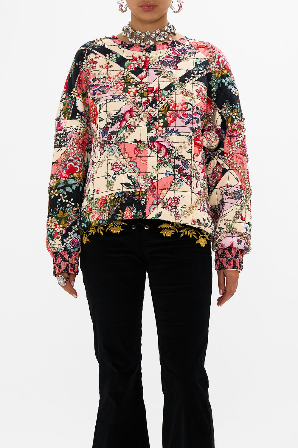 CAMILLA multicolor silk band dropped shoulder sweatshirt in Patchwork Poetry print.
