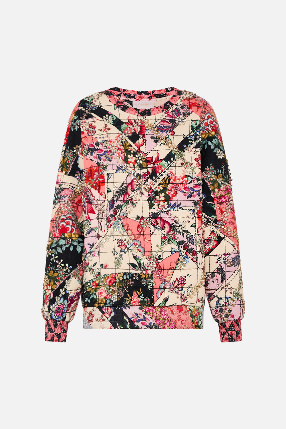 CAMILLA multicolor silk band dropped shoulder sweatshirt in Patchwork Poetry print.