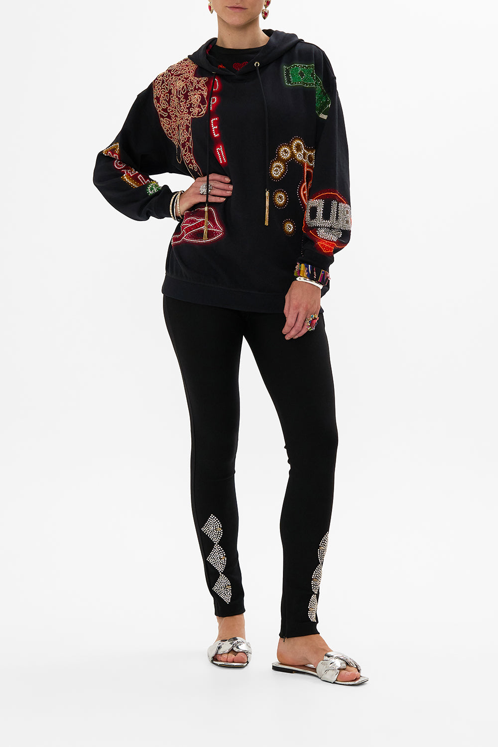 CAMILLA black  hoody with pockets in Electric Loveland print.