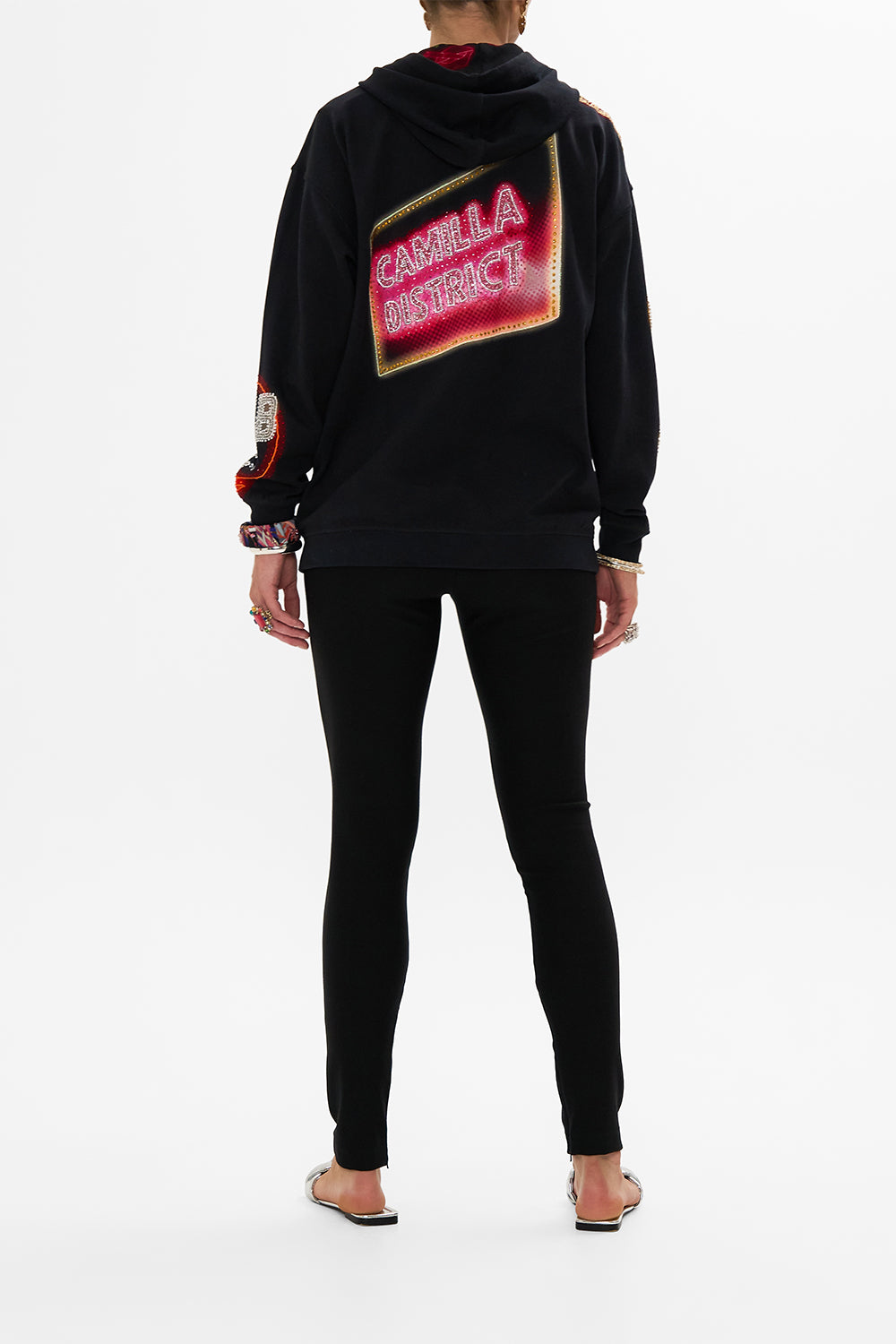 CAMILLA black  hoody with pockets in Electric Loveland print.