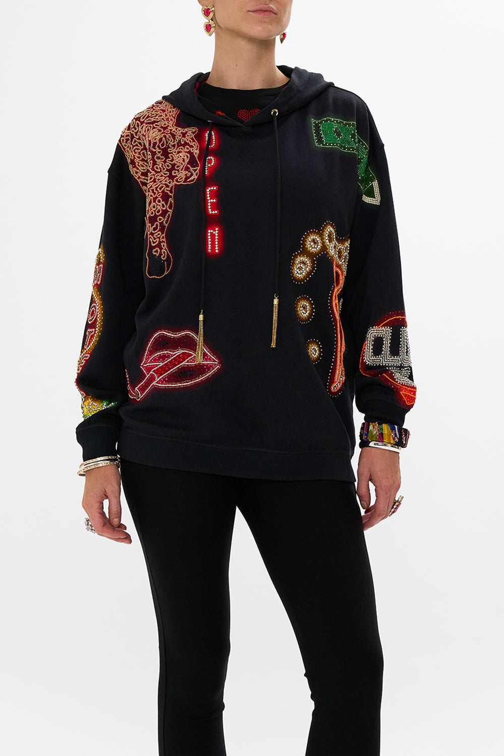 CAMILLA black  hoody with pockets in Electric Loveland print.