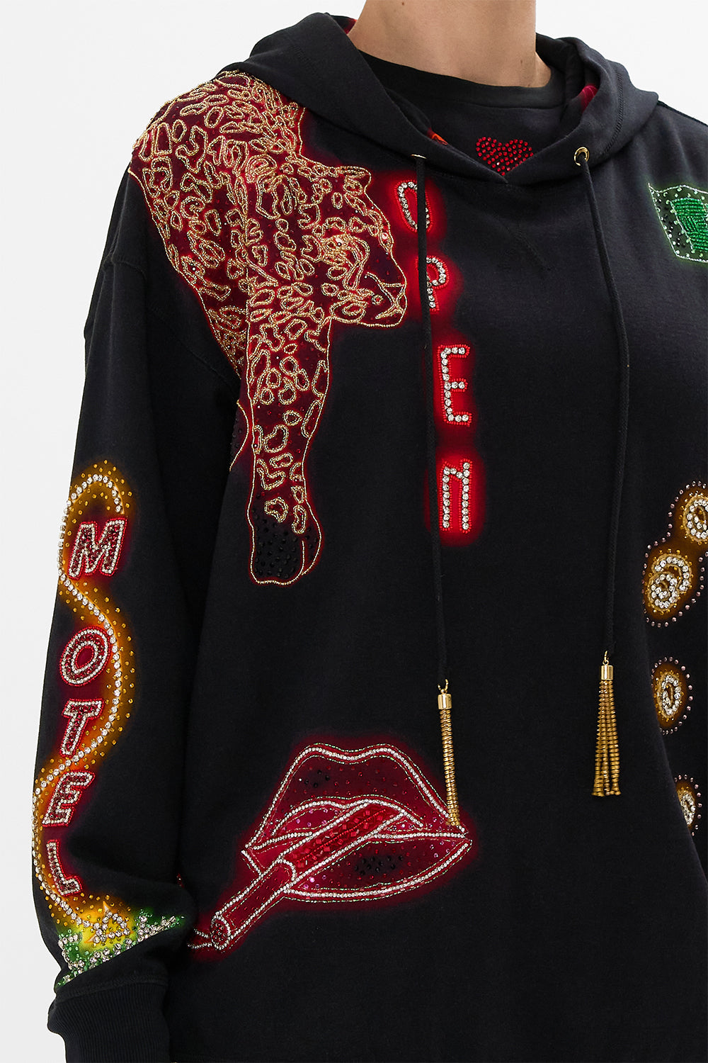 CAMILLA black  hoody with pockets in Electric Loveland print.