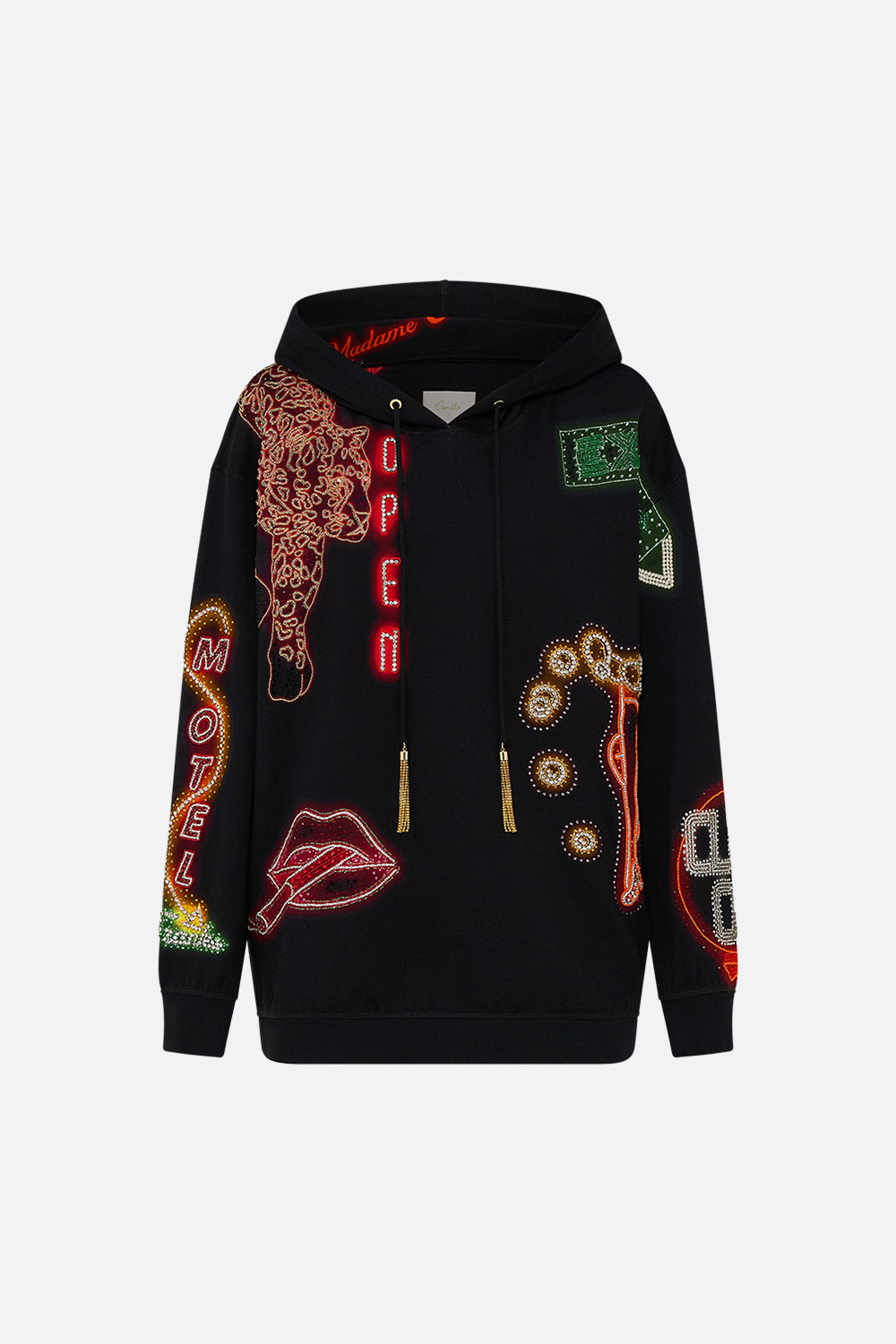 CAMILLA black  hoody with pockets in Electric Loveland print.