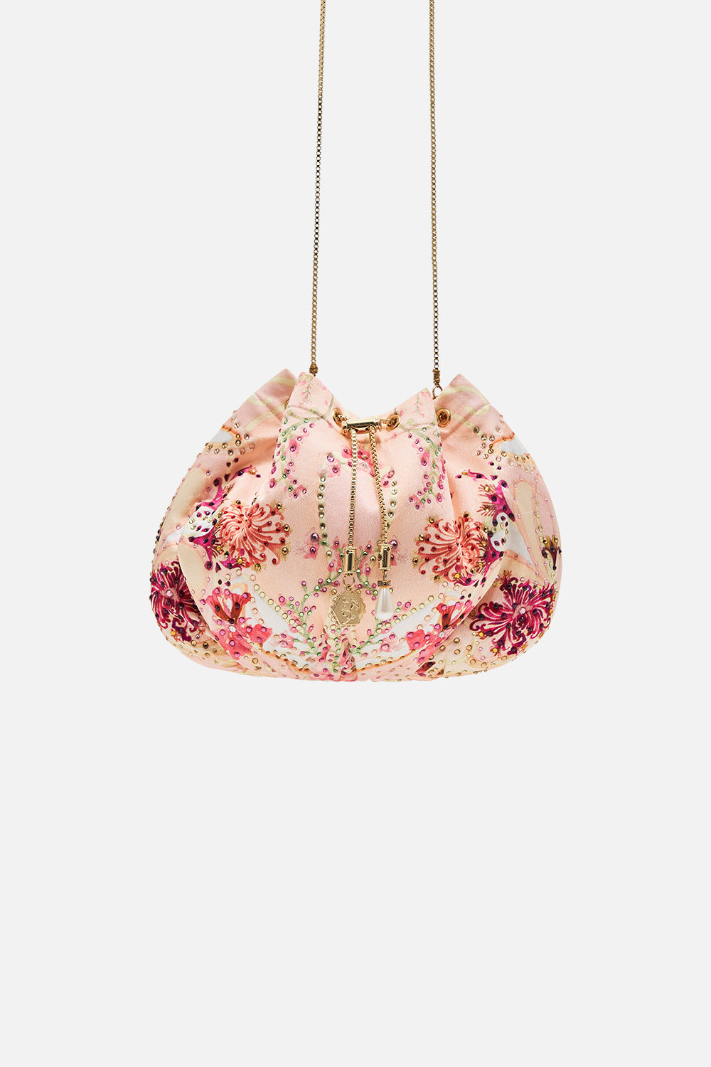 DRAWSTRING POUCH WITH CHAIN STRAP BLOSSOMS AND BRUSHSTROKES