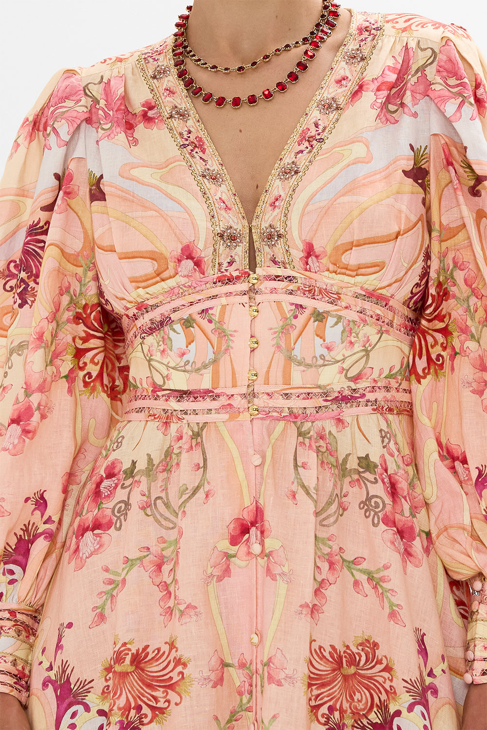 CAMILLA Floral Shaped Waistband Dress with Gathered Sleeves in Blossoms and Brushstrokes print