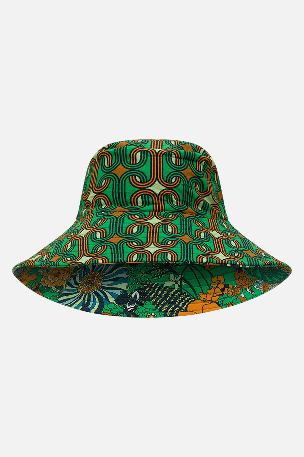 CAMILLA green reversible wide brim bucket hat in Good Vibes Generation
