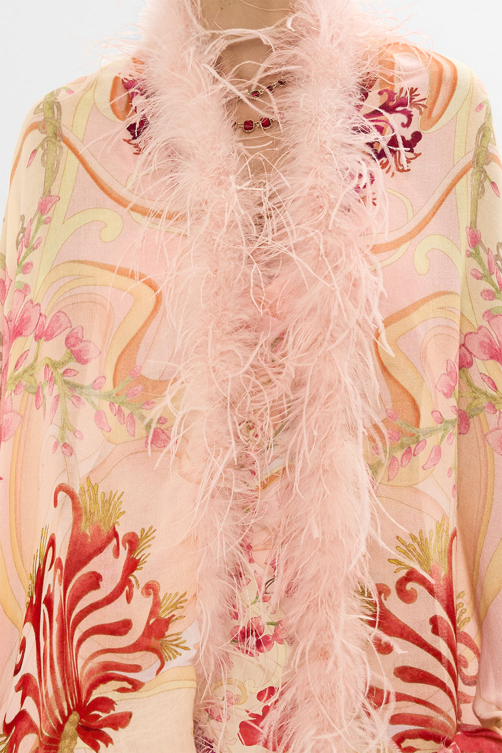 CAMILLA Floral Feather Trim Shawl in Blossoms and Brushstrokes print