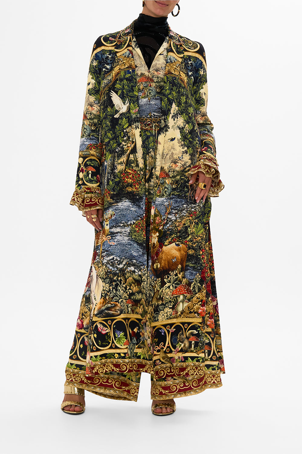 CAMILLA Floral Coat with Wide Cuffs and Short Side Splits in Tapestry Totems