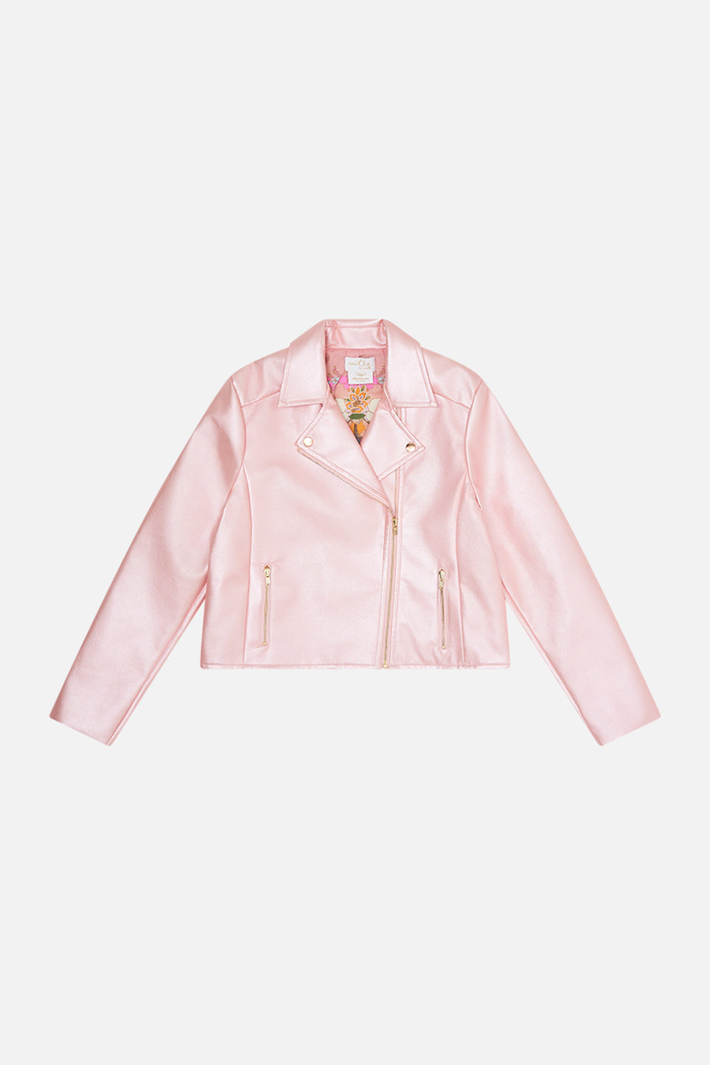 Milla bY  CAMILLA kids pink leather jacket in Clever Clogs print