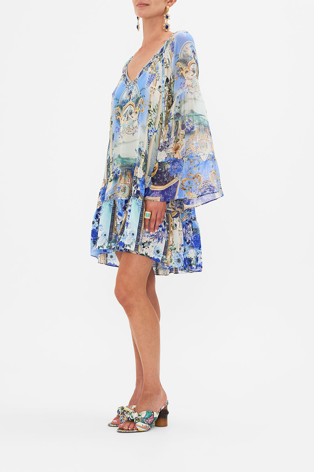 Side view of model wearing CAMILLA A Line dress in Views Of Vesuvious print 