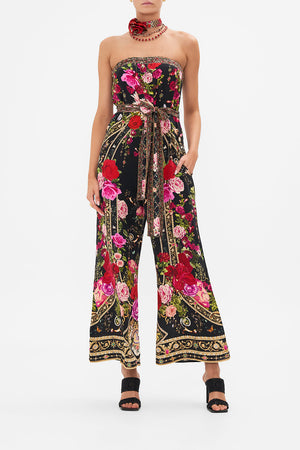 Front view of model wearing CAMILLA floral silk jumpsuit  in Reservation For Love print