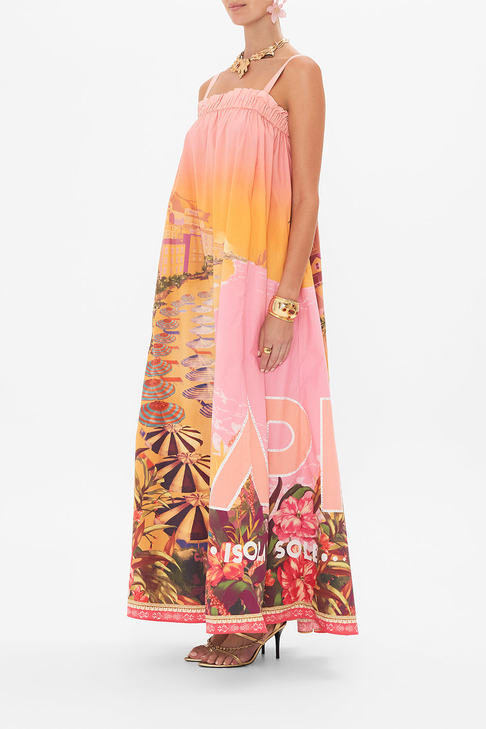 Side view of model wearing CAMILLA sundress in Capri Me print