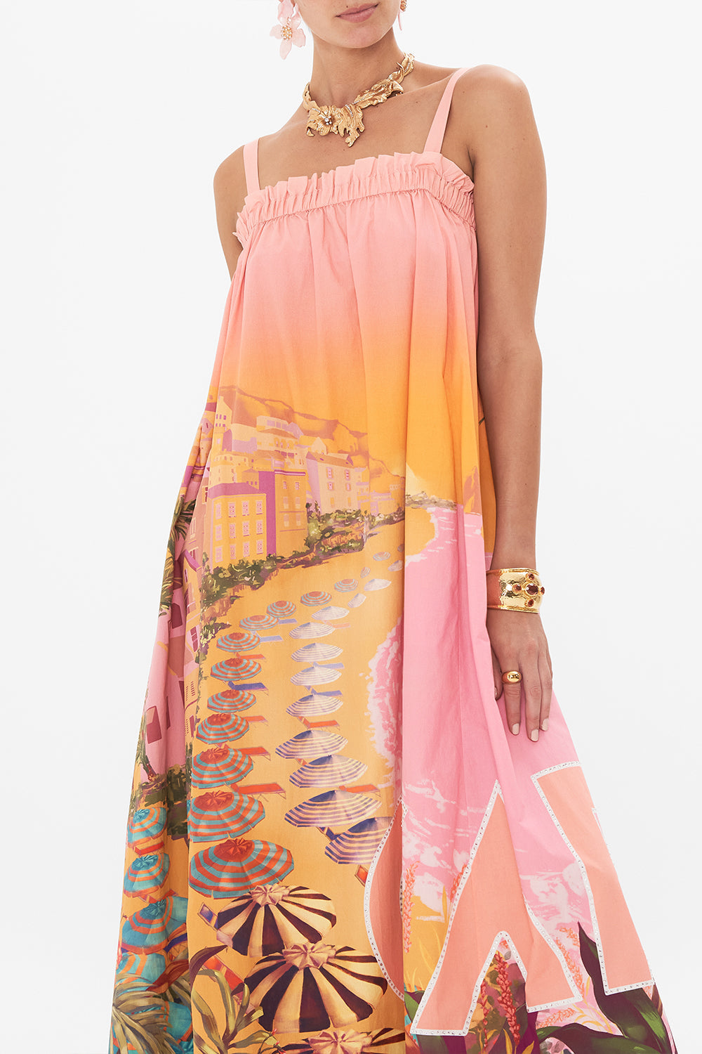 Crop view of model wearing CAMILLA sundress in Capri Me print