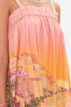 Detail view of model wearing CAMILLA sundress in Capri Me print