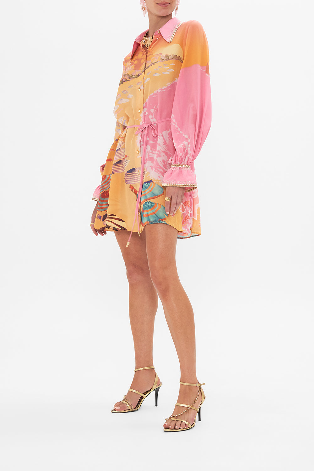 Side view of model wearing CAMILLA silk shirt dress in Capri Me print