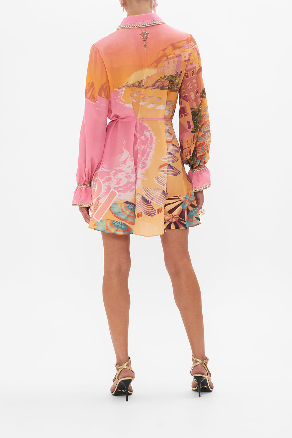 Back view of model wearing CAMILLA silk shirt dress in Capri Me print